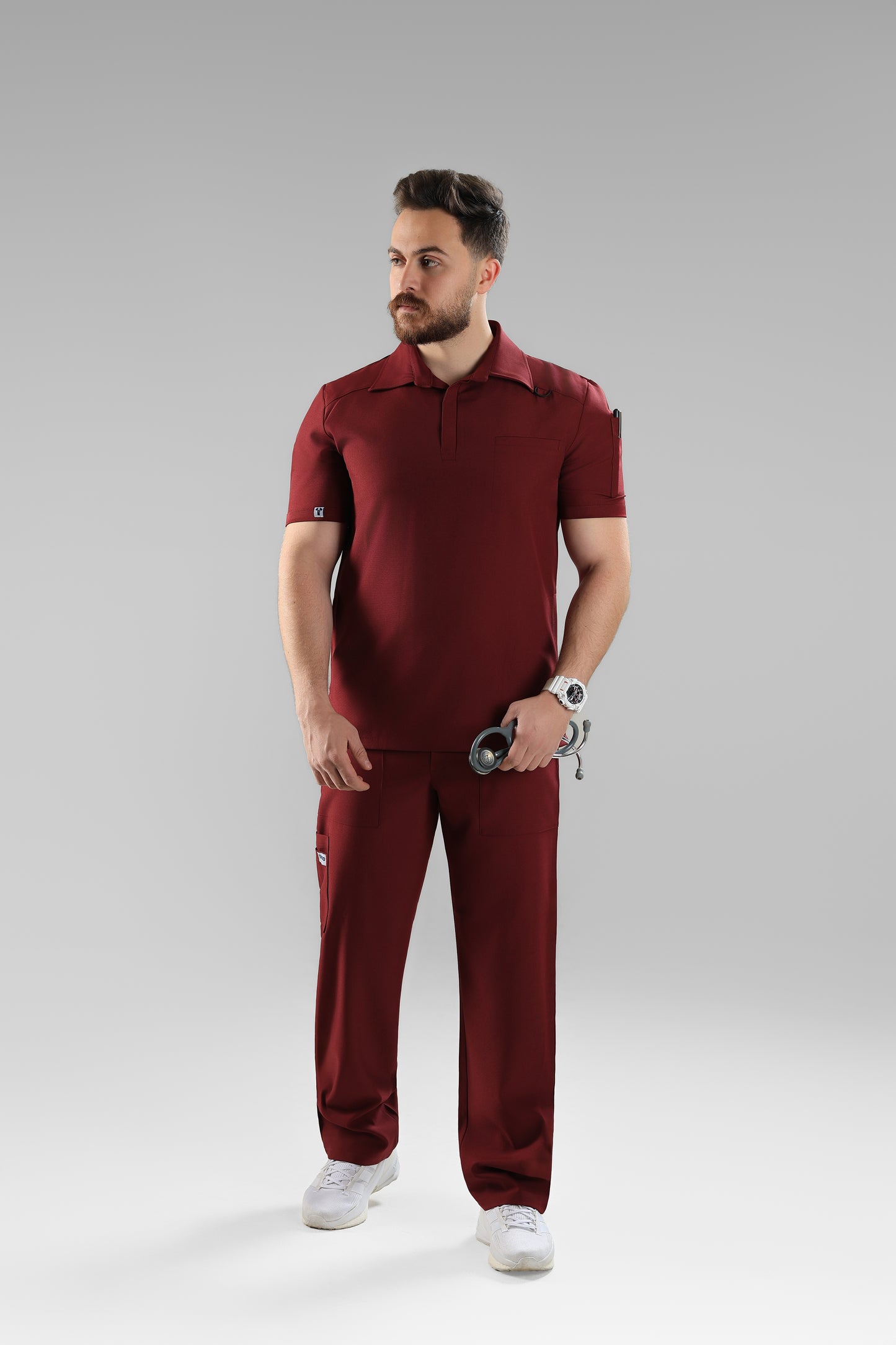 Maroon Polo scrub design - care stretch fabric