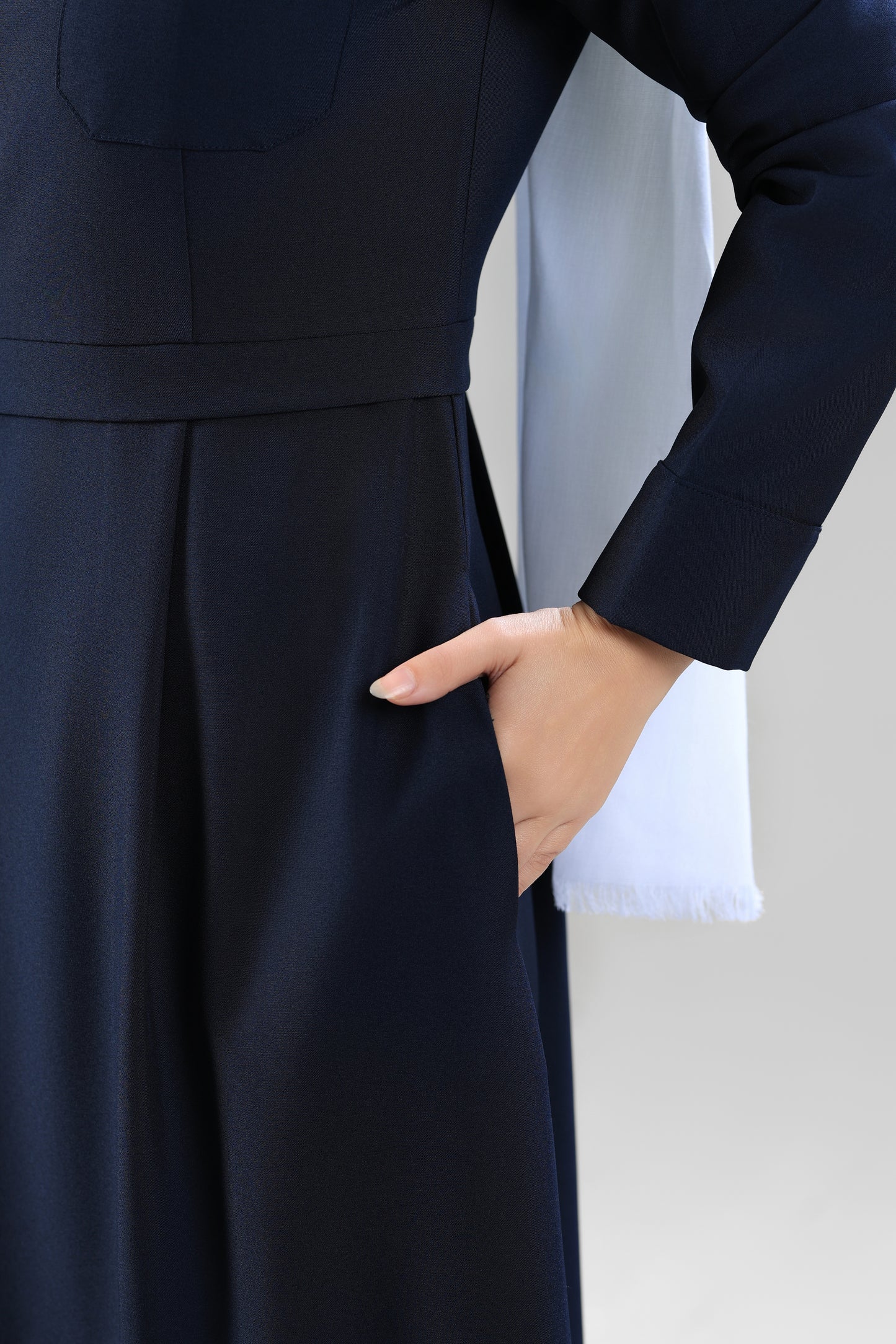 Navy Blue Modest Scrub Dress Design - flowy & elegant - care strech fabric.