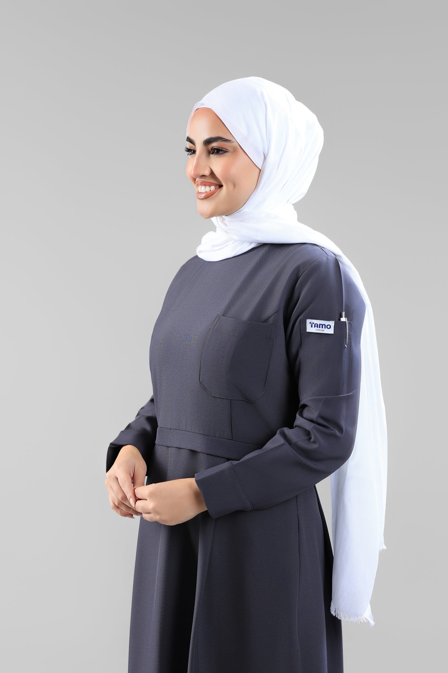 Gray Modest Scrub Dress Design - flowy & elegant - care strech fabric.