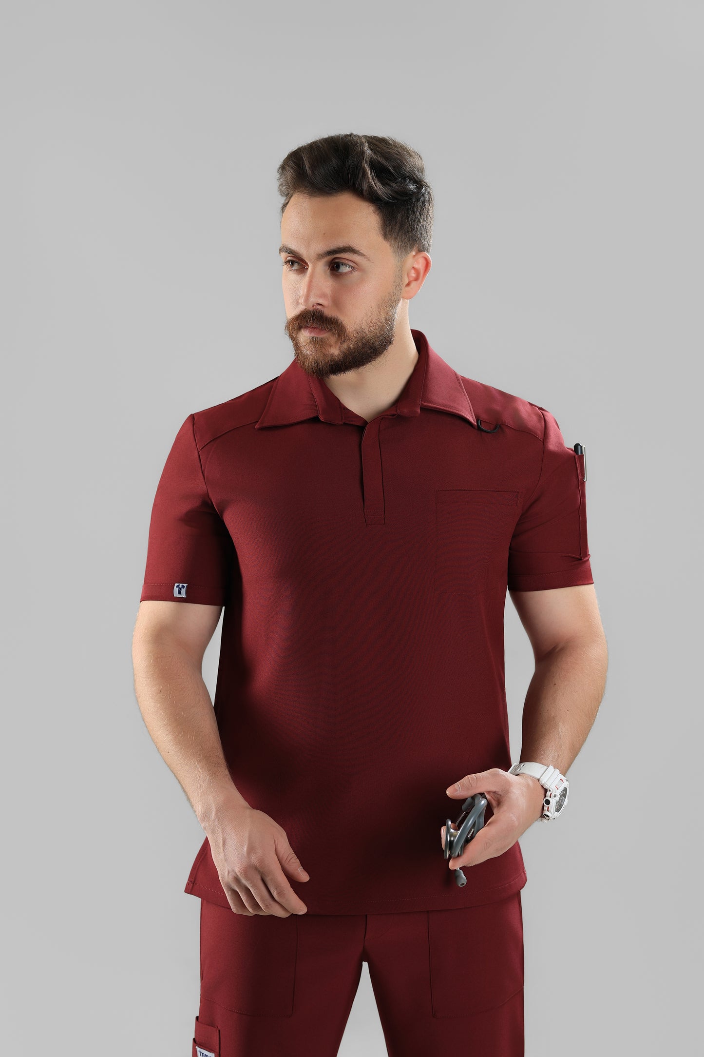 Maroon Polo scrub design - care stretch fabric