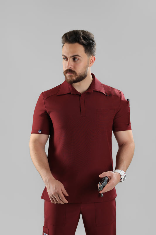 Maroon Polo scrub design - care stretch fabric