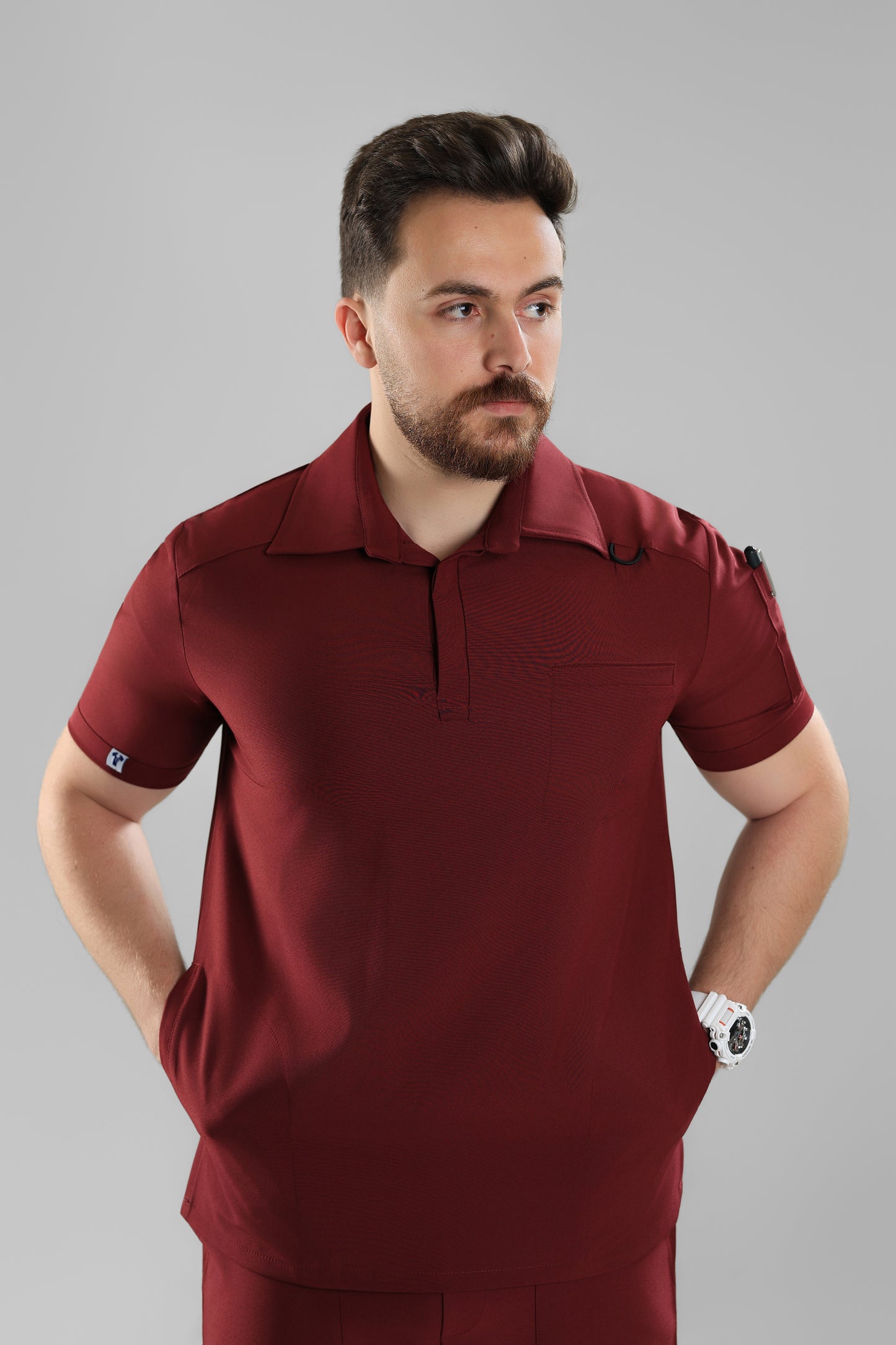 Maroon Polo scrub design - care stretch fabric
