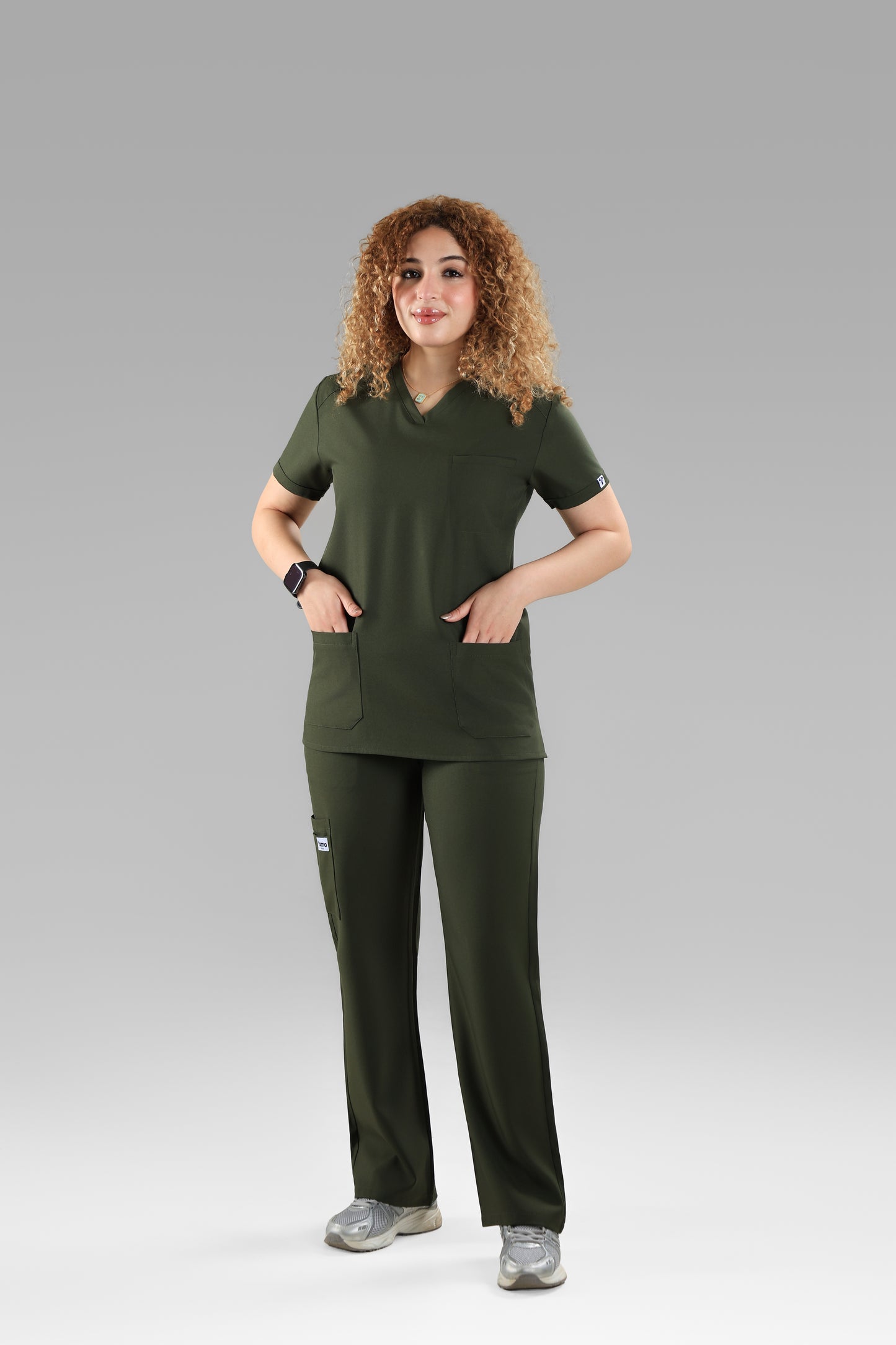 Olive green  Signature V-Neck Scrub Design 70cm – Care Stretch Fabric