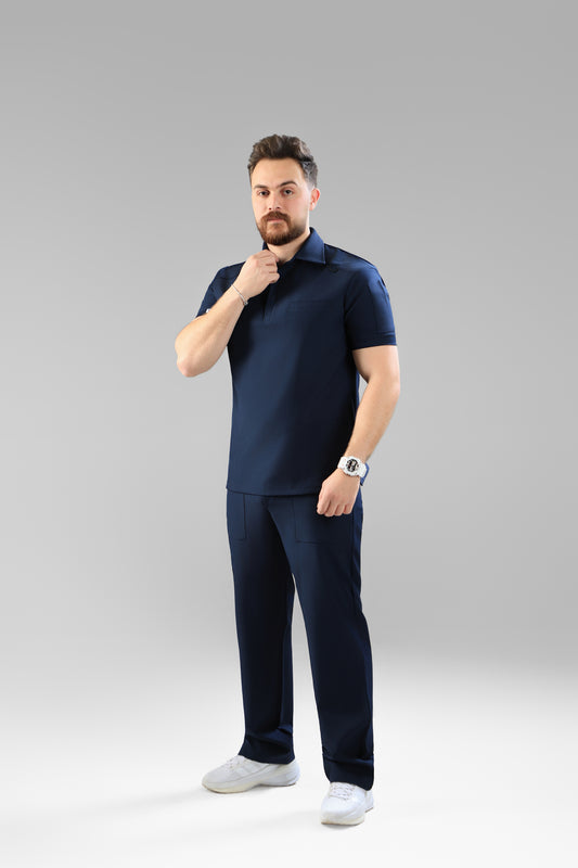 Navy Blue Polo scrub design - care stretch fabric