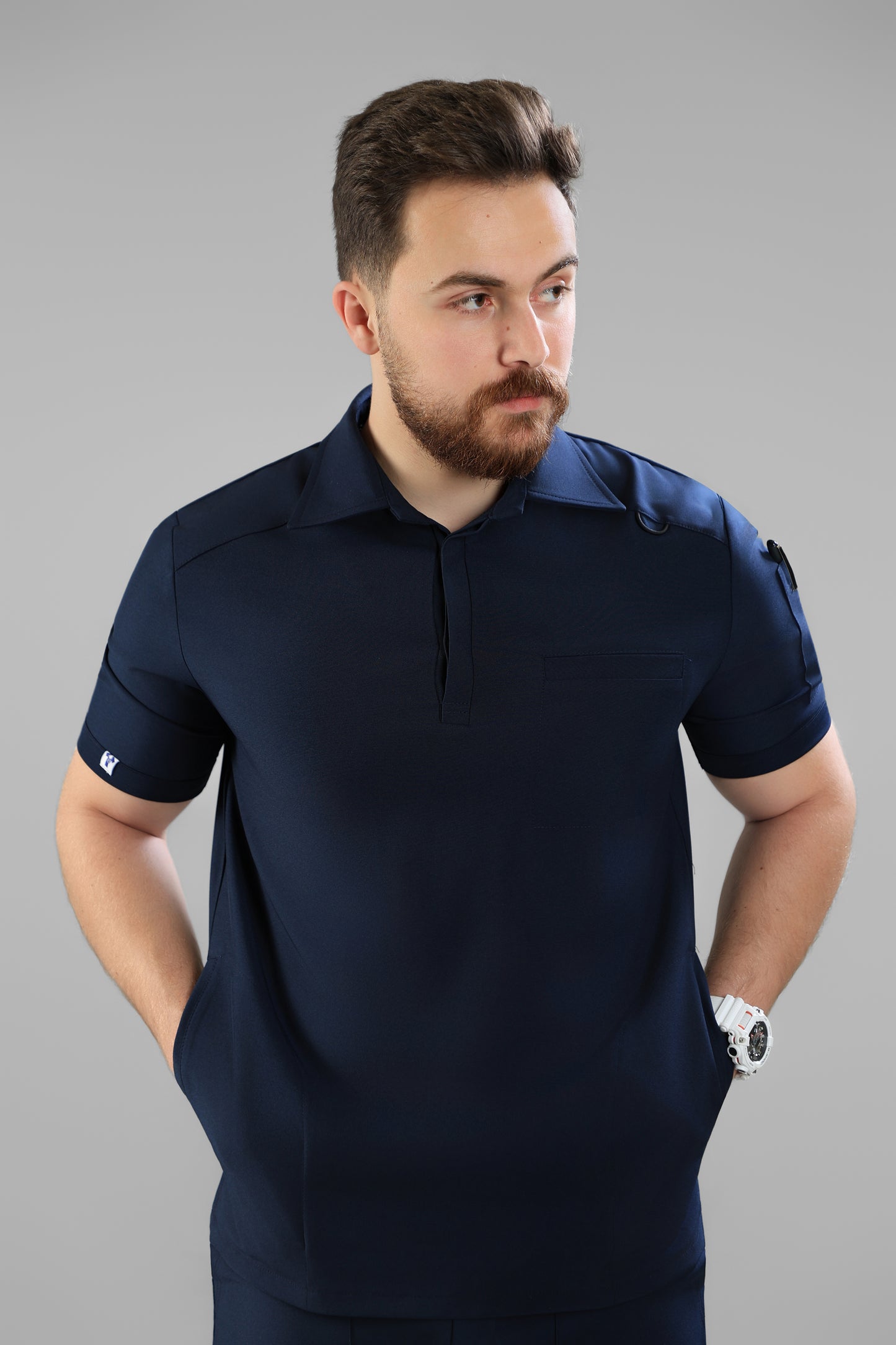 Navy Blue Polo scrub design - care stretch fabric