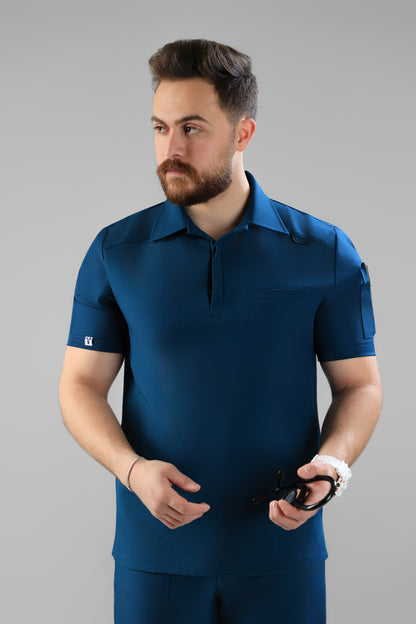 Petrol Blue Polo scrub design - care stretch fabric