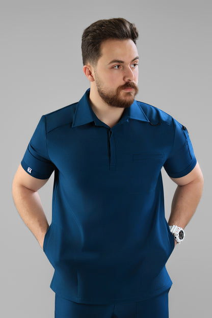 Petrol Blue Polo scrub design - care stretch fabric
