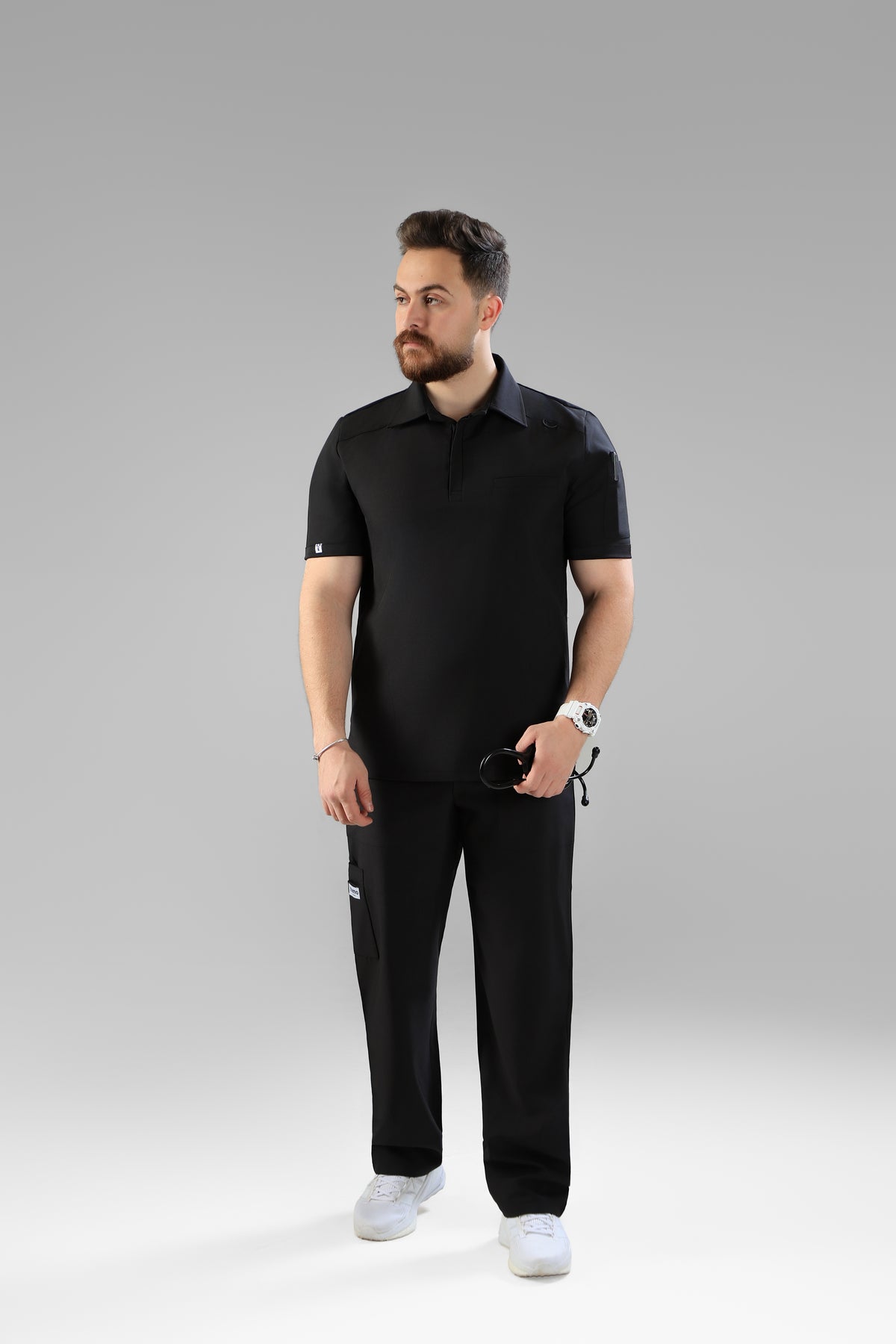 Black Polo scrub design - care stretch fabric