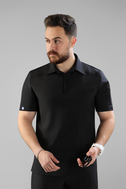 Black Polo scrub design - care stretch fabric