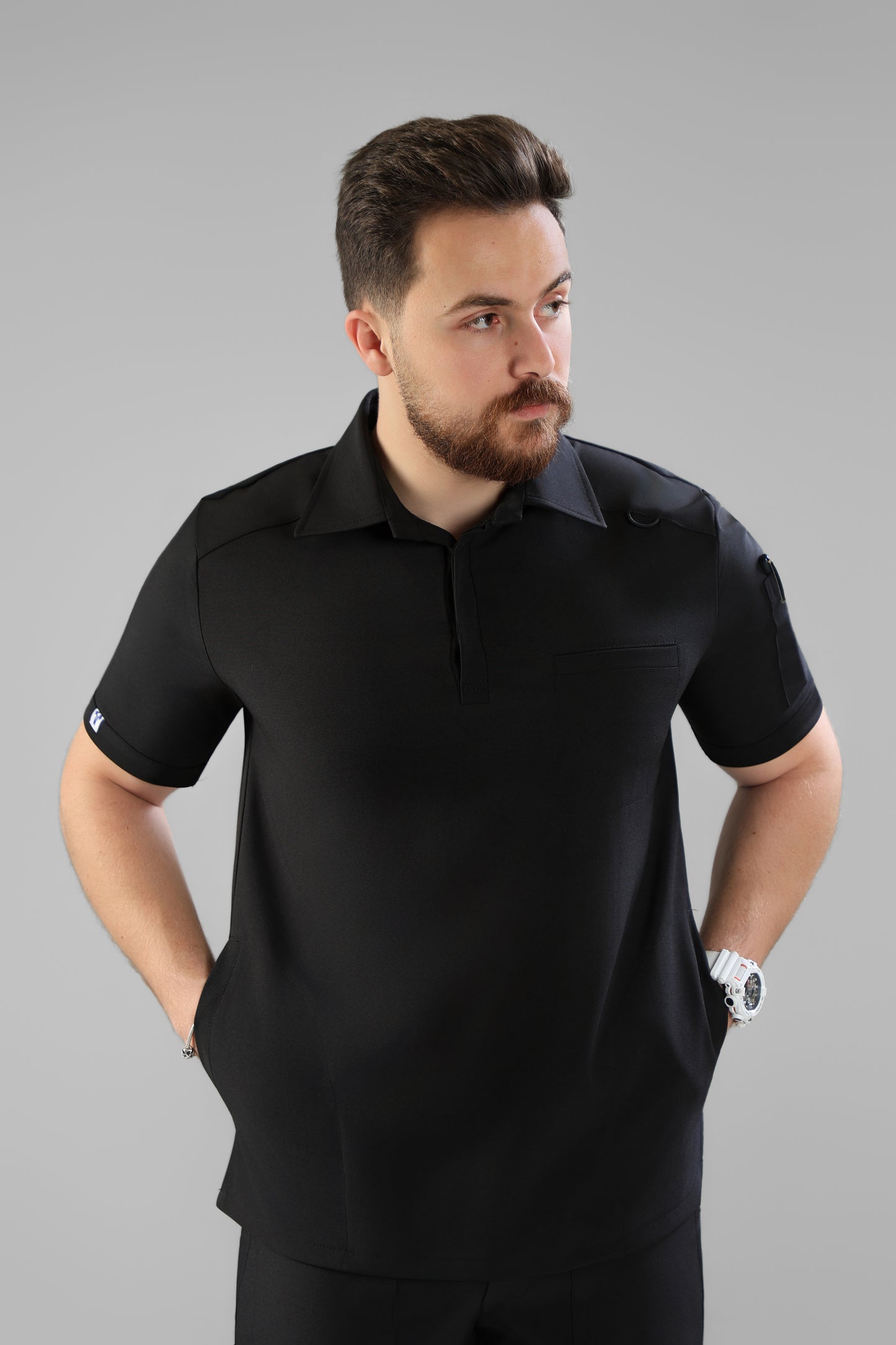 Black Polo scrub design - care stretch fabric