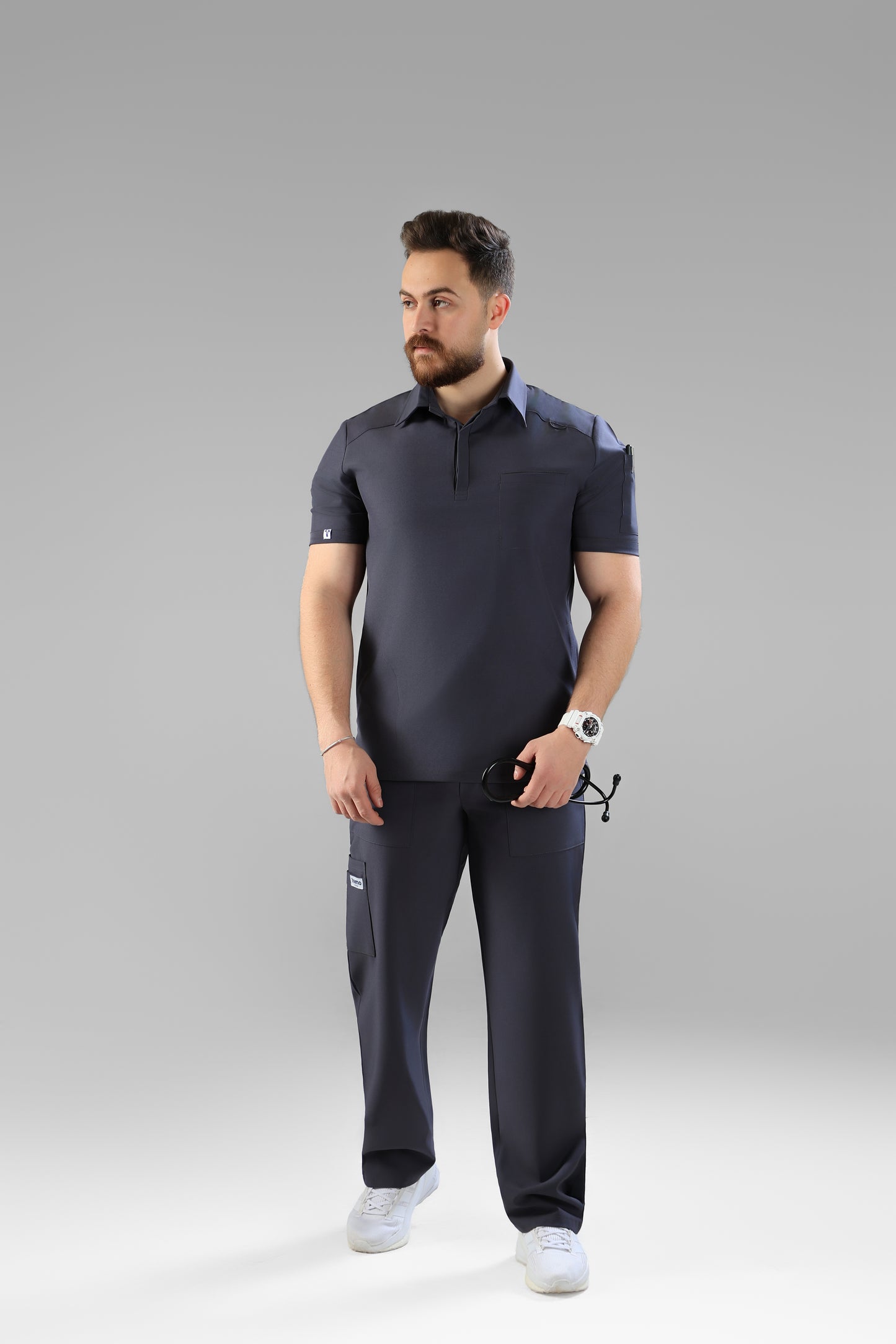 Gray Polo scrub design - care stretch fabric