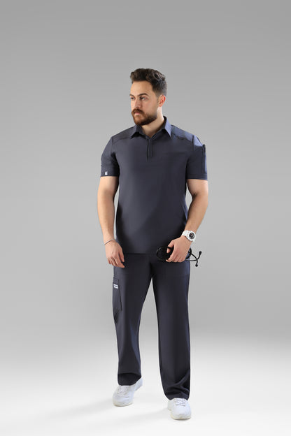 Gray Polo scrub design - care stretch fabric