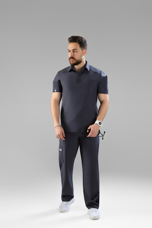 Gray Polo scrub design - care stretch fabric