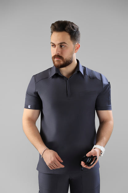 Gray Polo scrub design - care stretch fabric