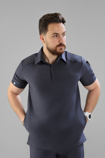 Gray Polo scrub design - care stretch fabric