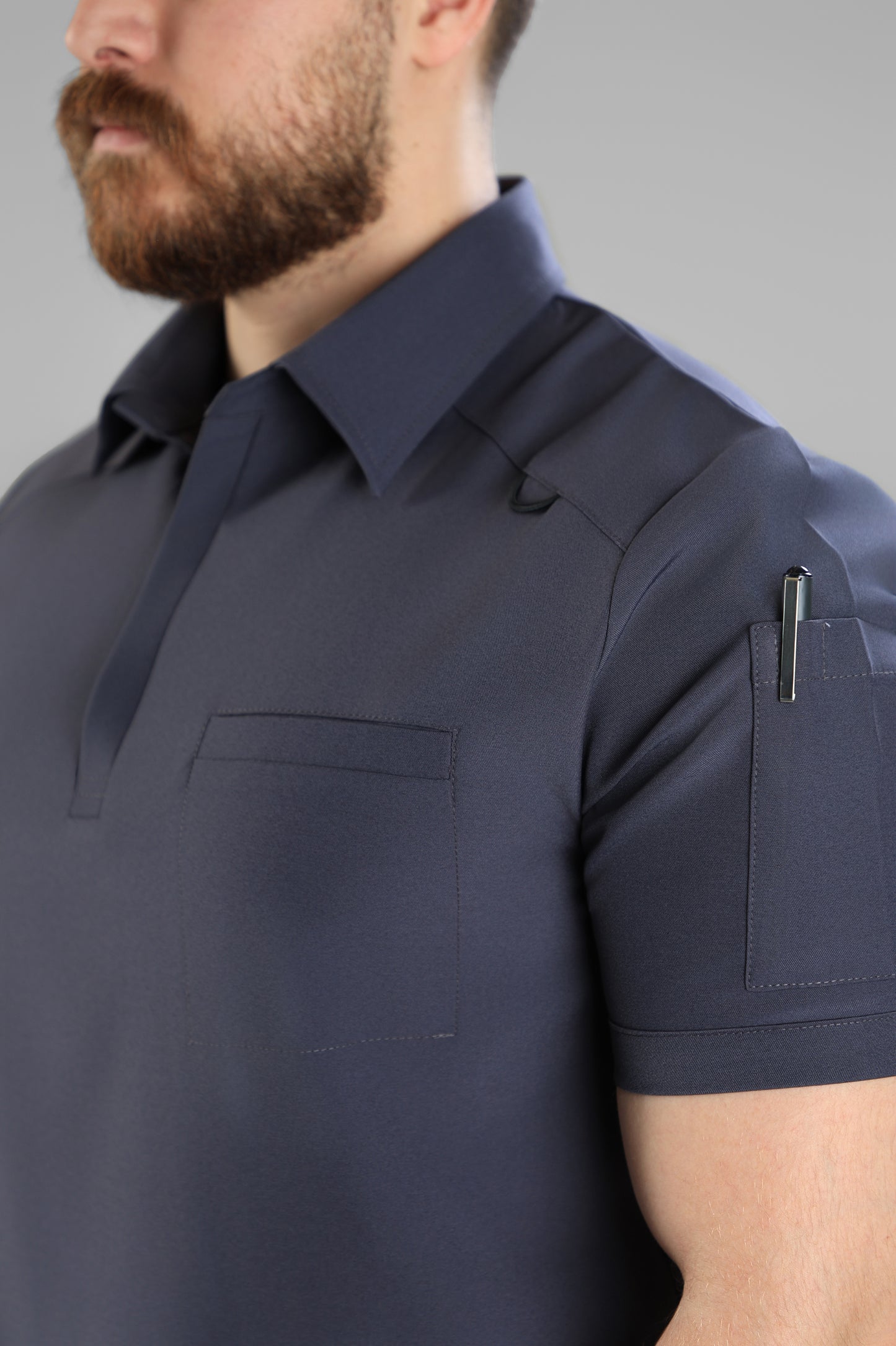 Gray Polo scrub design - care stretch fabric