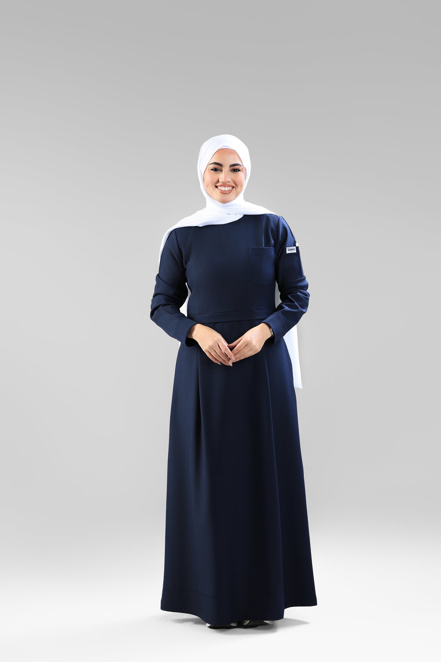Navy Blue Modest Scrub Dress Design - flowy & elegant  - care strech fabric.