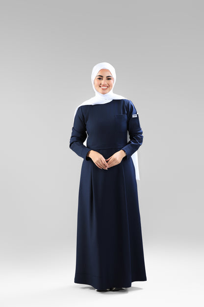 Navy Blue Modest Scrub Dress Design - flowy & elegant  - care strech fabric.