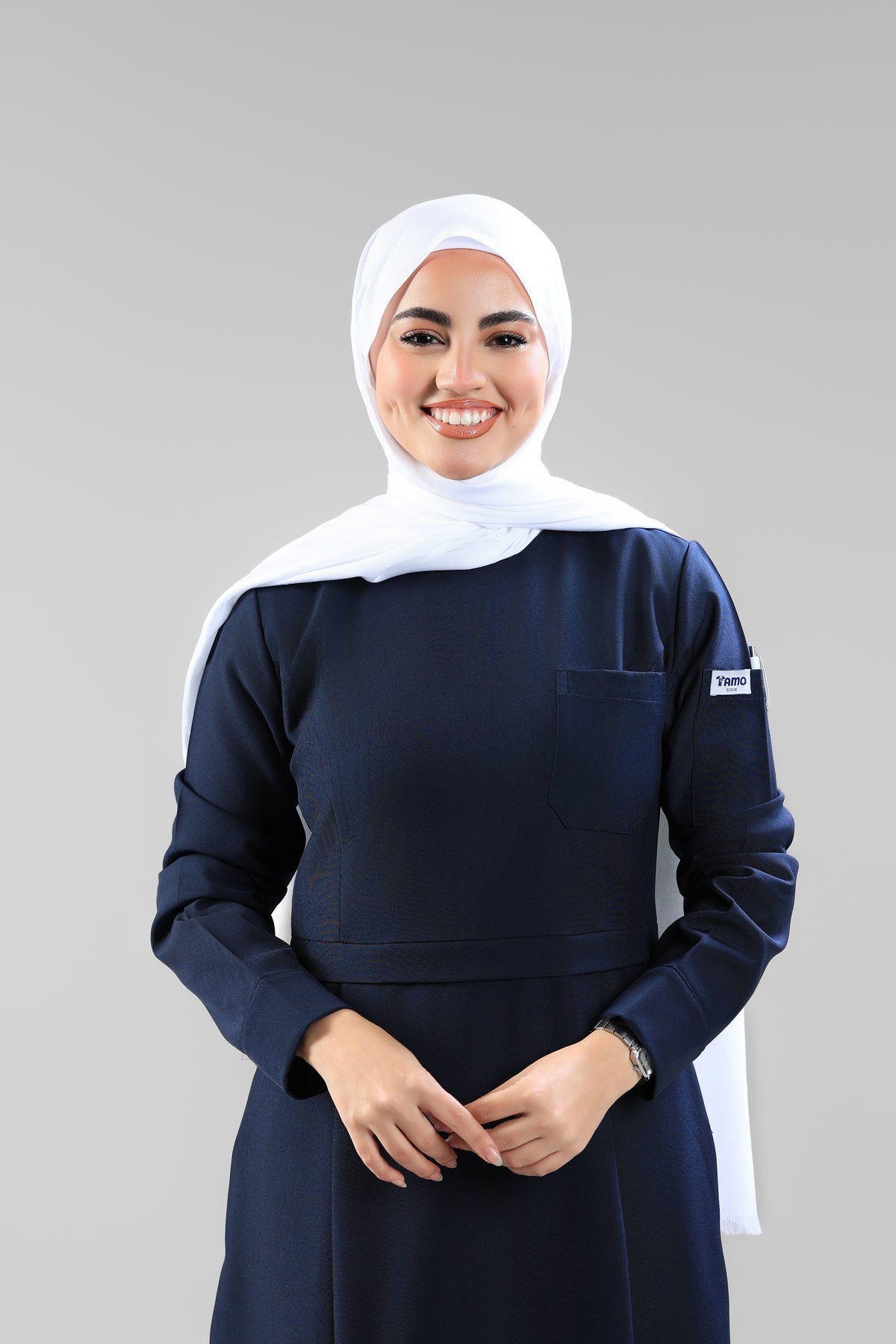 Navy Blue Modest Scrub Dress Design - flowy & elegant  - care strech fabric.