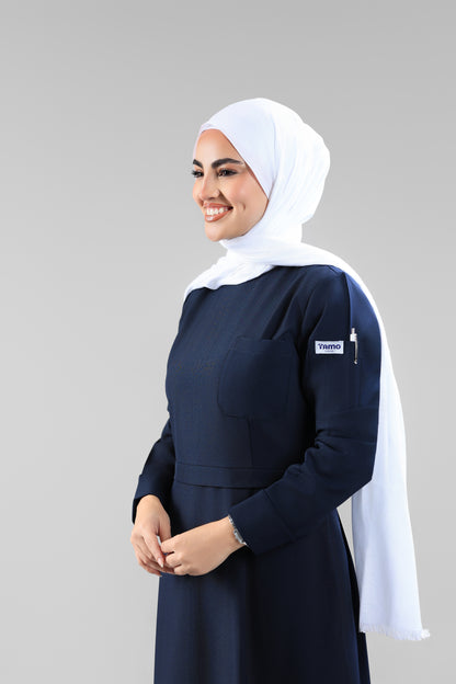 Navy Blue Modest Scrub Dress Design - flowy & elegant  - care strech fabric.