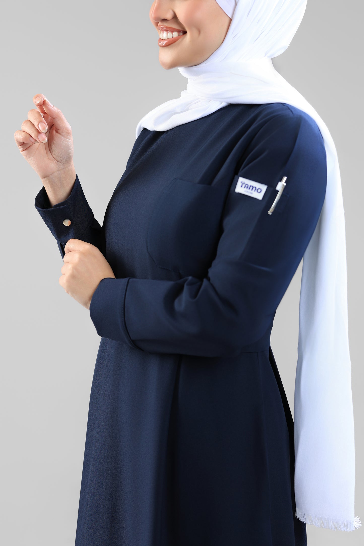 Navy Blue Modest Scrub Dress Design - flowy & elegant  - care strech fabric.